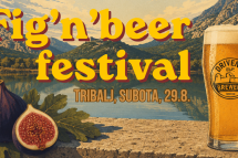 Poster for Fig'n'beer festival with golden text over a mountain lake backdrop, featuring figs on the left and a beer glass on the right.